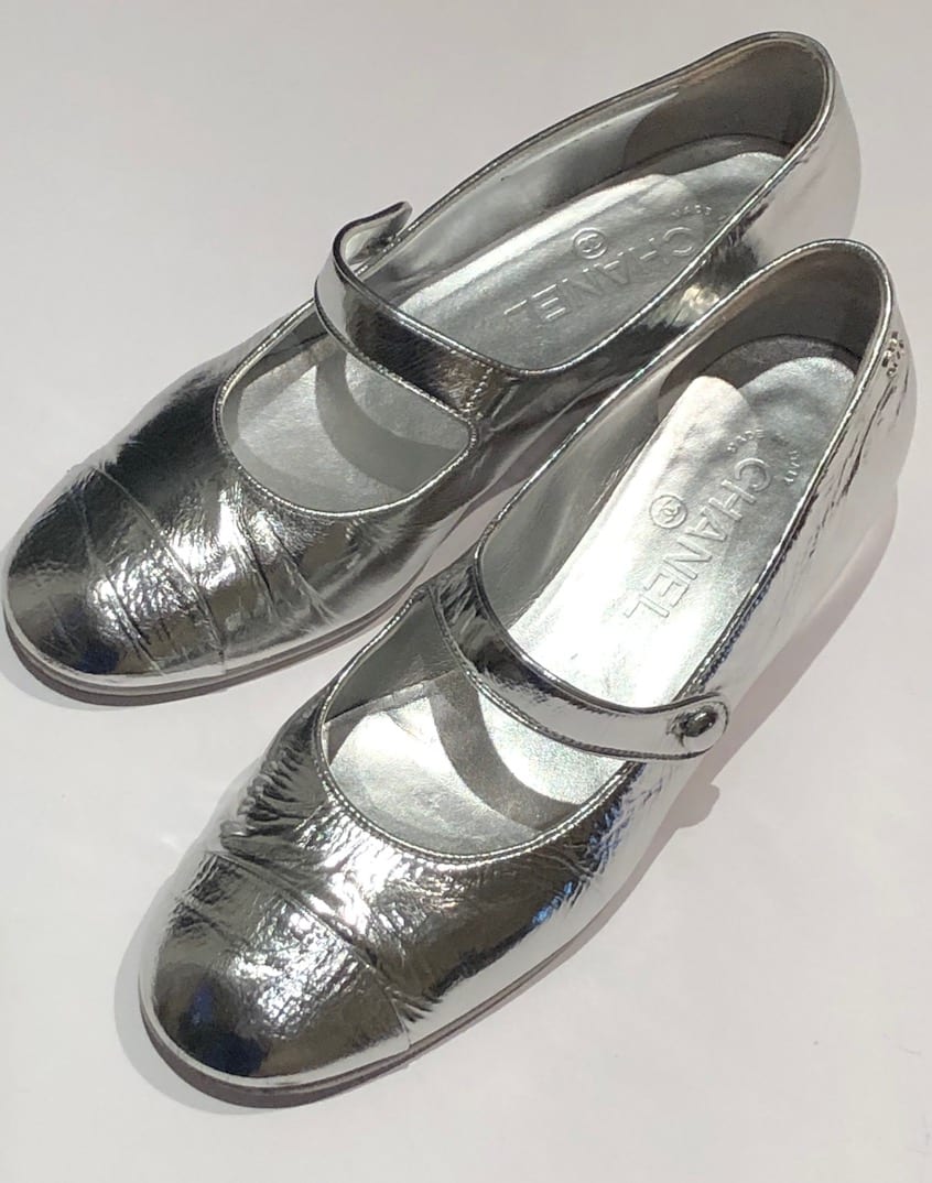 CHANEL Ballerina Flats Laminated Calfskin Silver Crossover Strap Leather  Shoes - Chelsea Vintage Couture