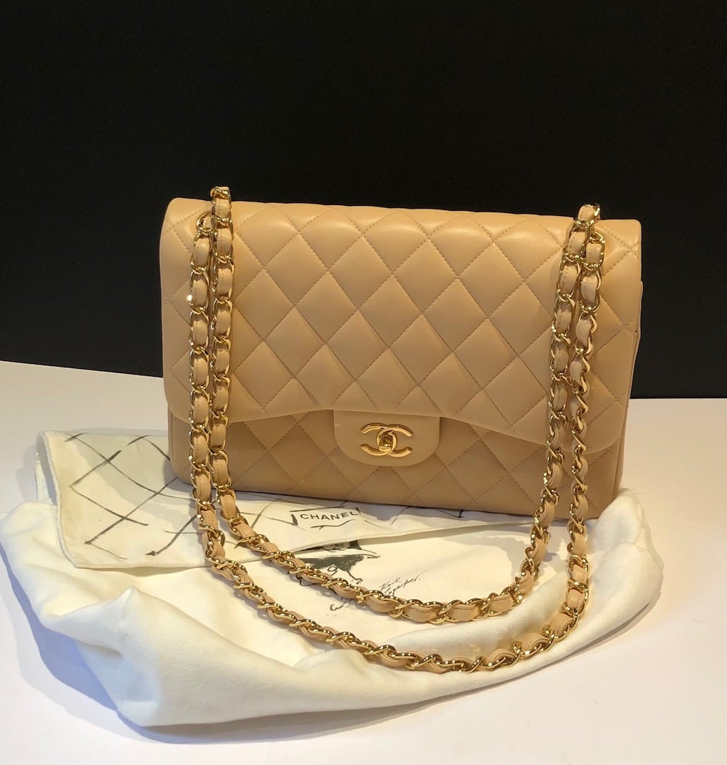Chanel Beige Quilted Caviar Jumbo Classic Double Flap Bag  Madison Avenue  Couture