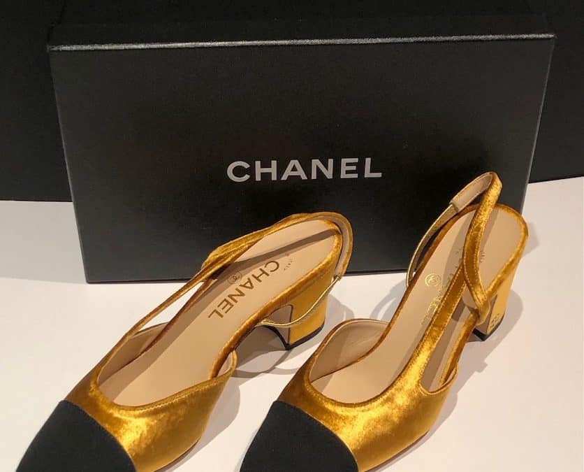 CHANEL Sling-Back Grosgrain & Velvet Black Gold Never Worn W/Box