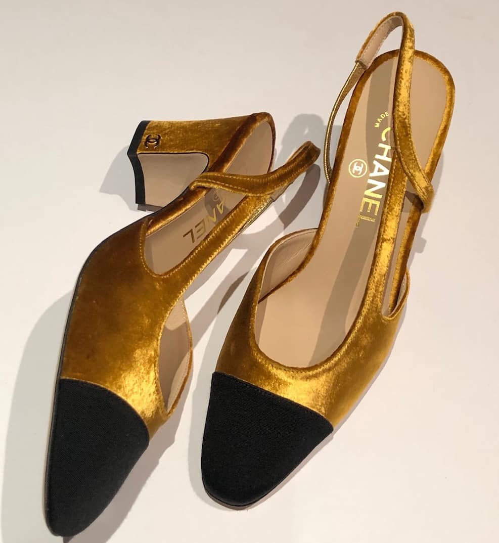 CHANEL Sling-Back Grosgrain & Velvet Black Gold Never Worn W/Box - Chelsea  Vintage Couture