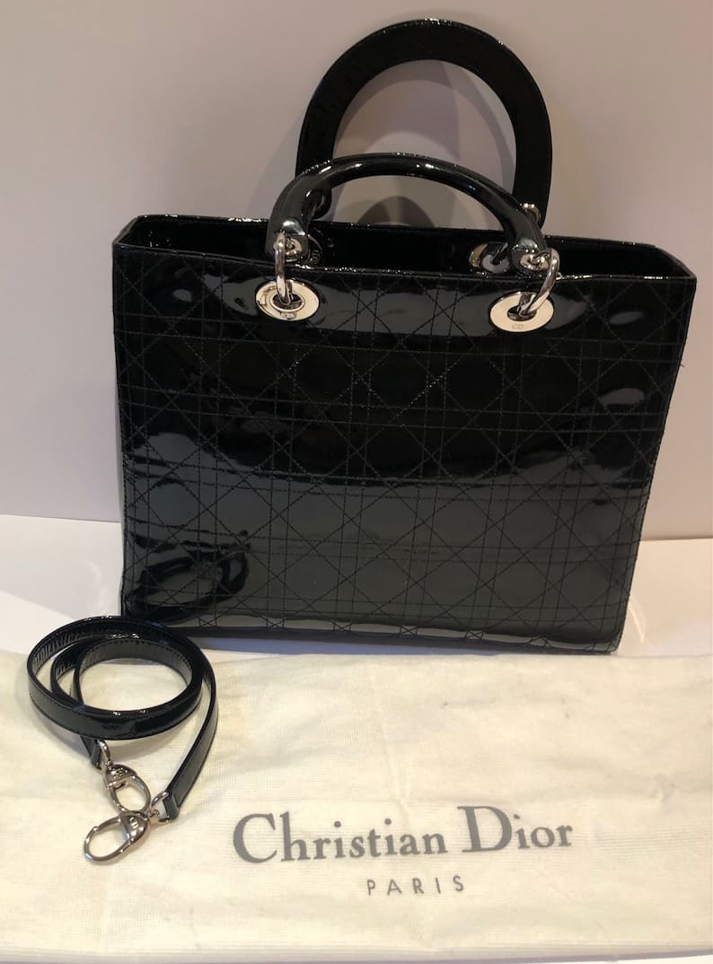 Large Lady Dior Bag Black Patent Cannage Calfskin