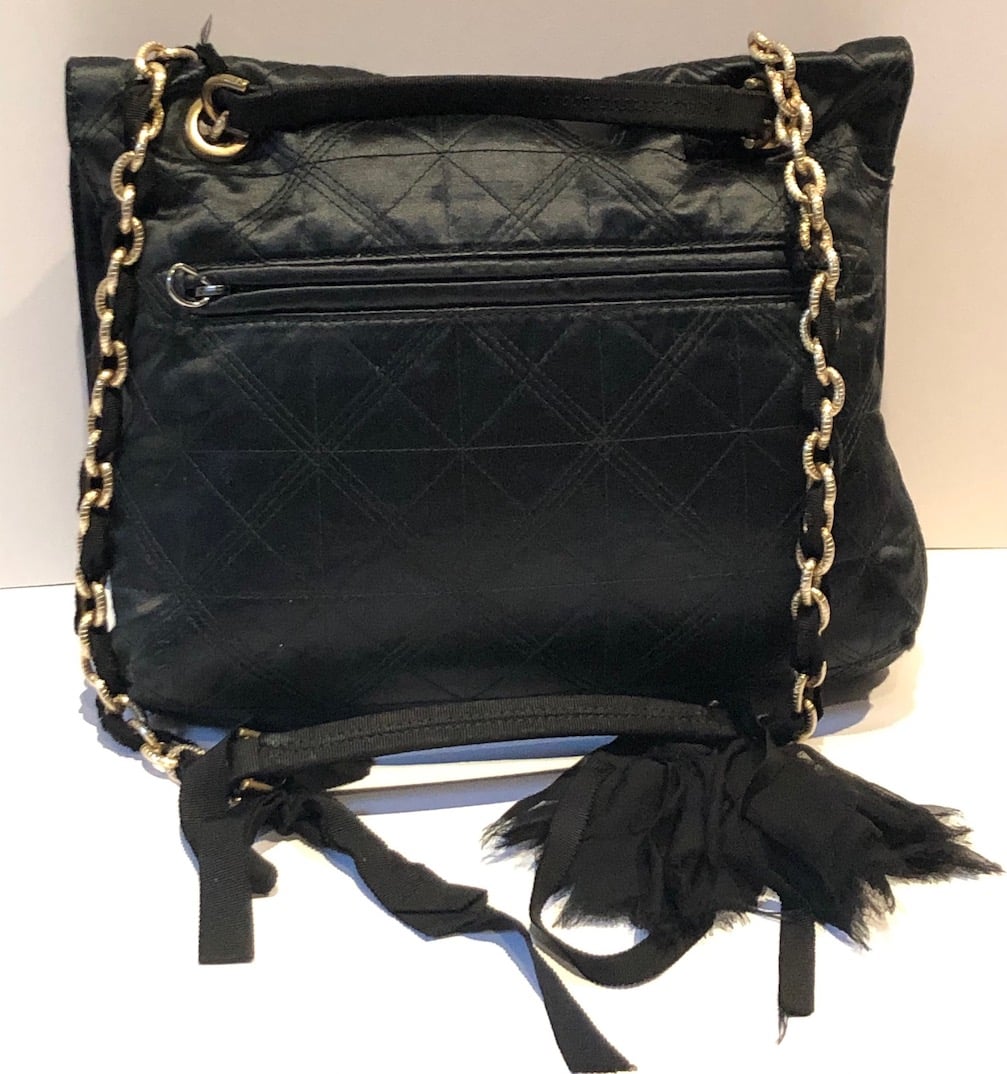 LANVIN Black Quilted Happy Medium Shoulder Satin Bag Chain Flower Strap -  Chelsea Vintage Couture
