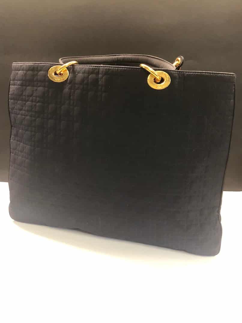 CHRISTIAN DIOR Vintage Lady DIOR 42 cm Bag Black Quilted Canvas Gold Charms  1980s - Chelsea Vintage Couture