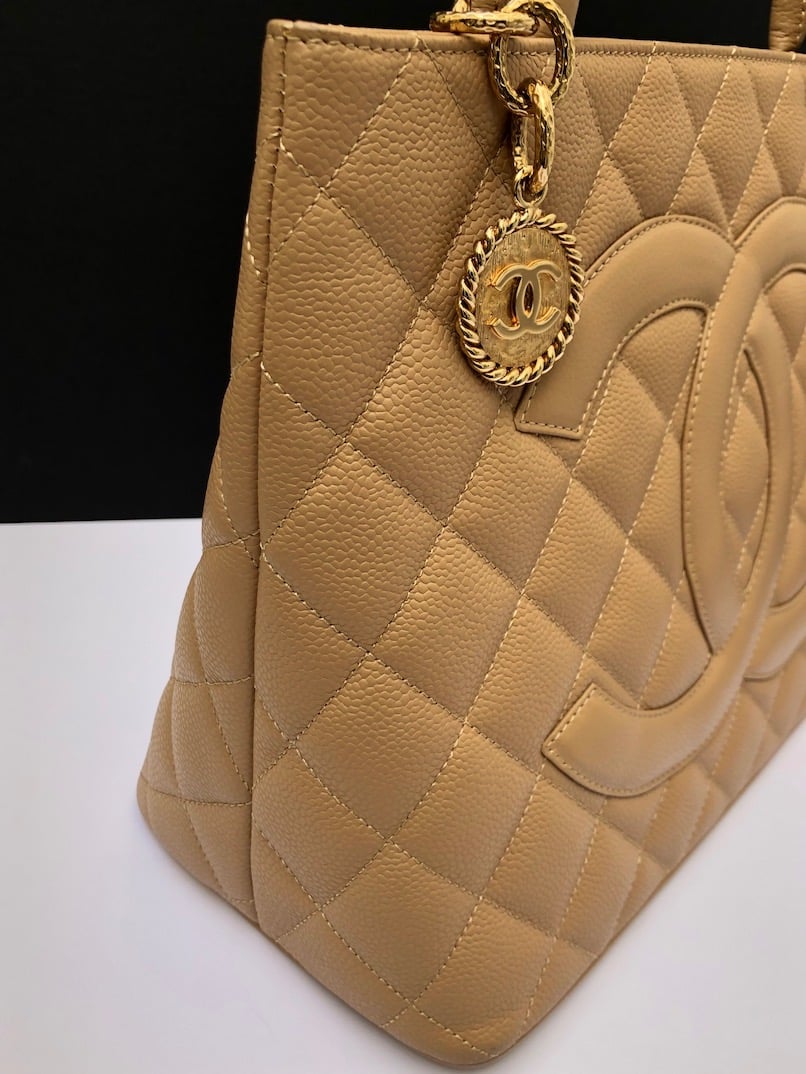 CHANEL 2006 CC Medallion Tote Bag Cream Beige Caviar Leather First
