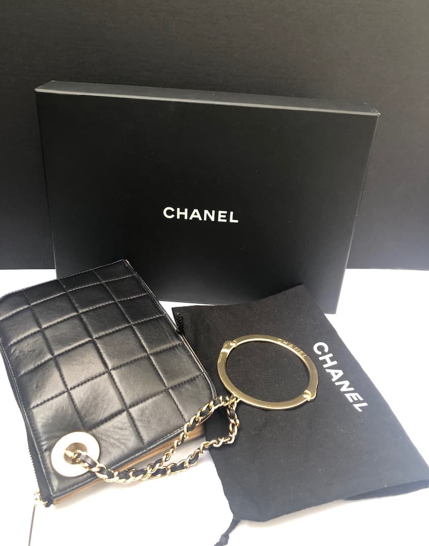 CHANEL Black Timeless Quilted Small Handcuff Leather Clutch Pouch 2002 -  Chelsea Vintage Couture