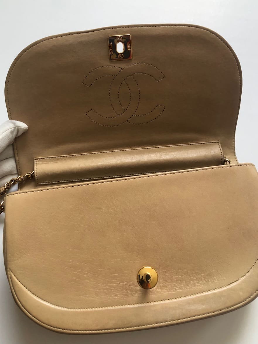 CHANEL Vintage Half Moon Shoulder Bag Beige Quilted Leather Gold