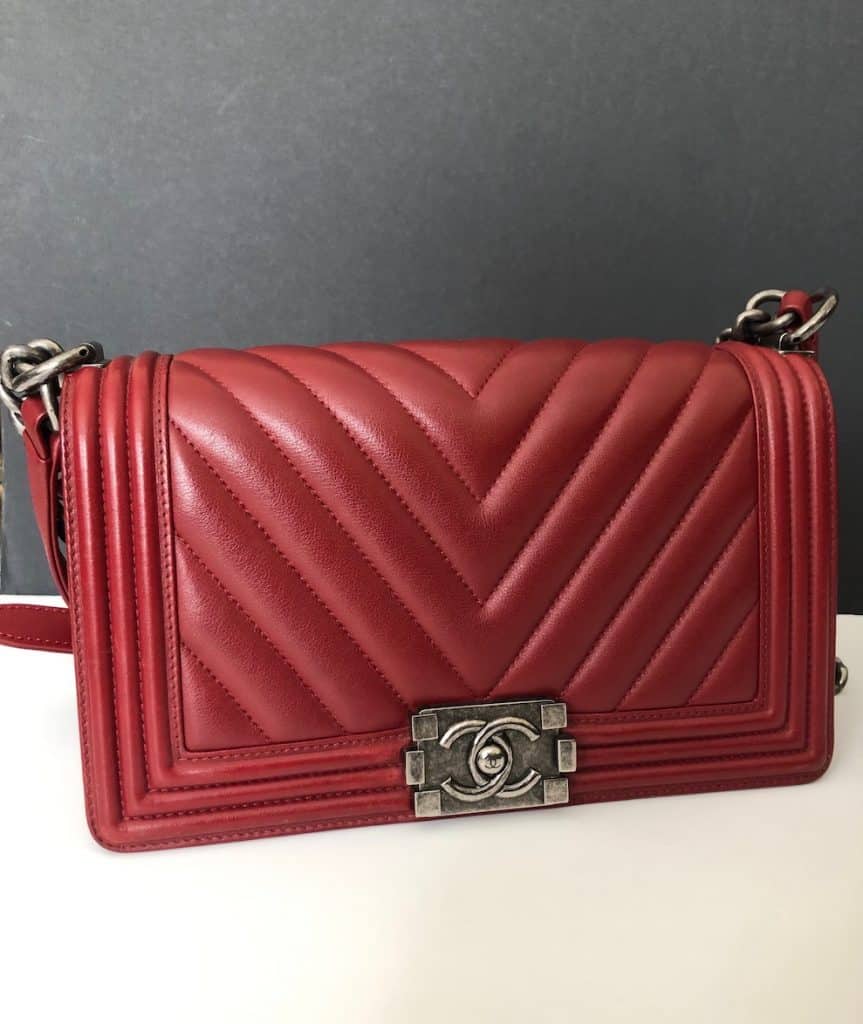 CHANEL Boy red patent silver HW small bag