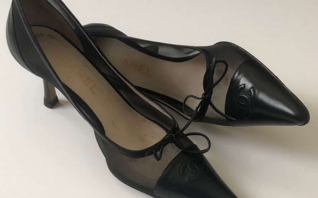 CHANEL Leather Heels and Mesh CC Logo Black Shoes Pump W/Box