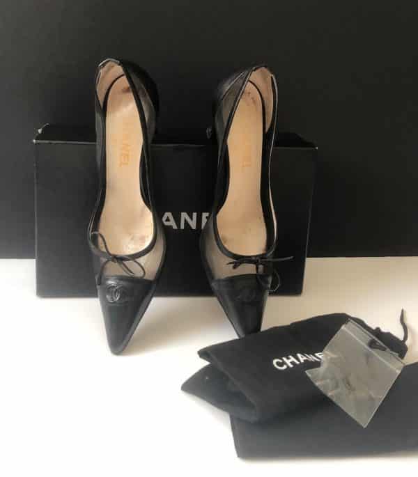 CHANEL Leather Heels and Mesh CC Logo Black Shoes Pump W/Box - Chelsea ...
