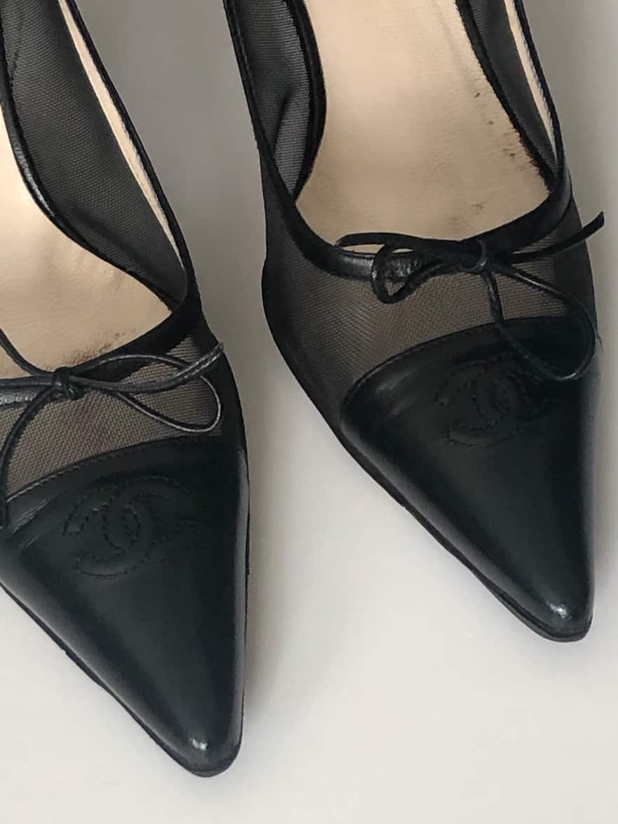 CHANEL Heels Mesh CC Logo Black Shoes Pump W/Box - Chelsea Vintage Couture
