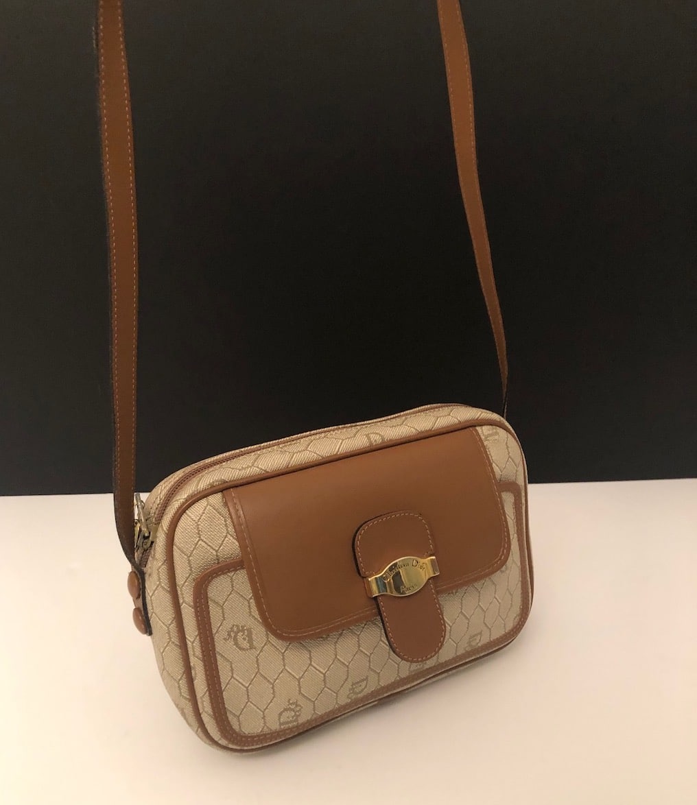 Dior Vintage  Honeycomb Coated Canvas Chain Crossbody Bag  Brown Beige   Leather Handbag  Luxury High Quality  Avvenice