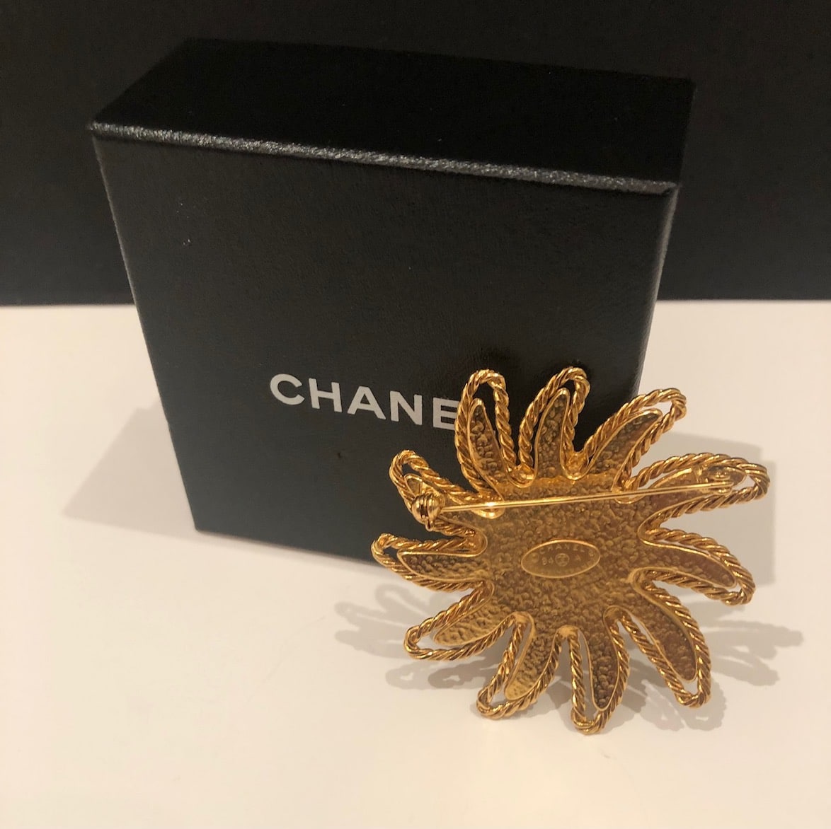 CHANEL 1994 Sun Brooch Pin Gold CC Logo W/Box - Chelsea Vintage Couture