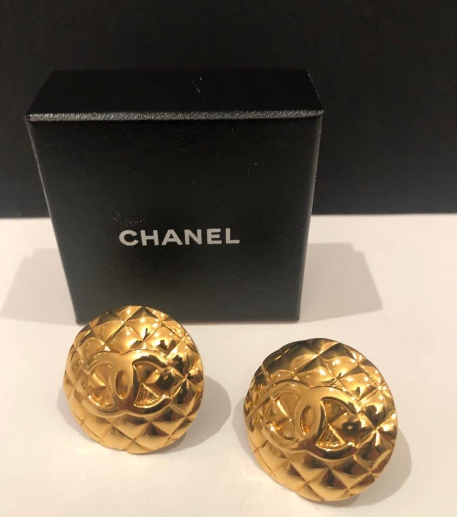 CHANEL CC diamond Quilted Clip-On Earrings Gold W/Box Circa