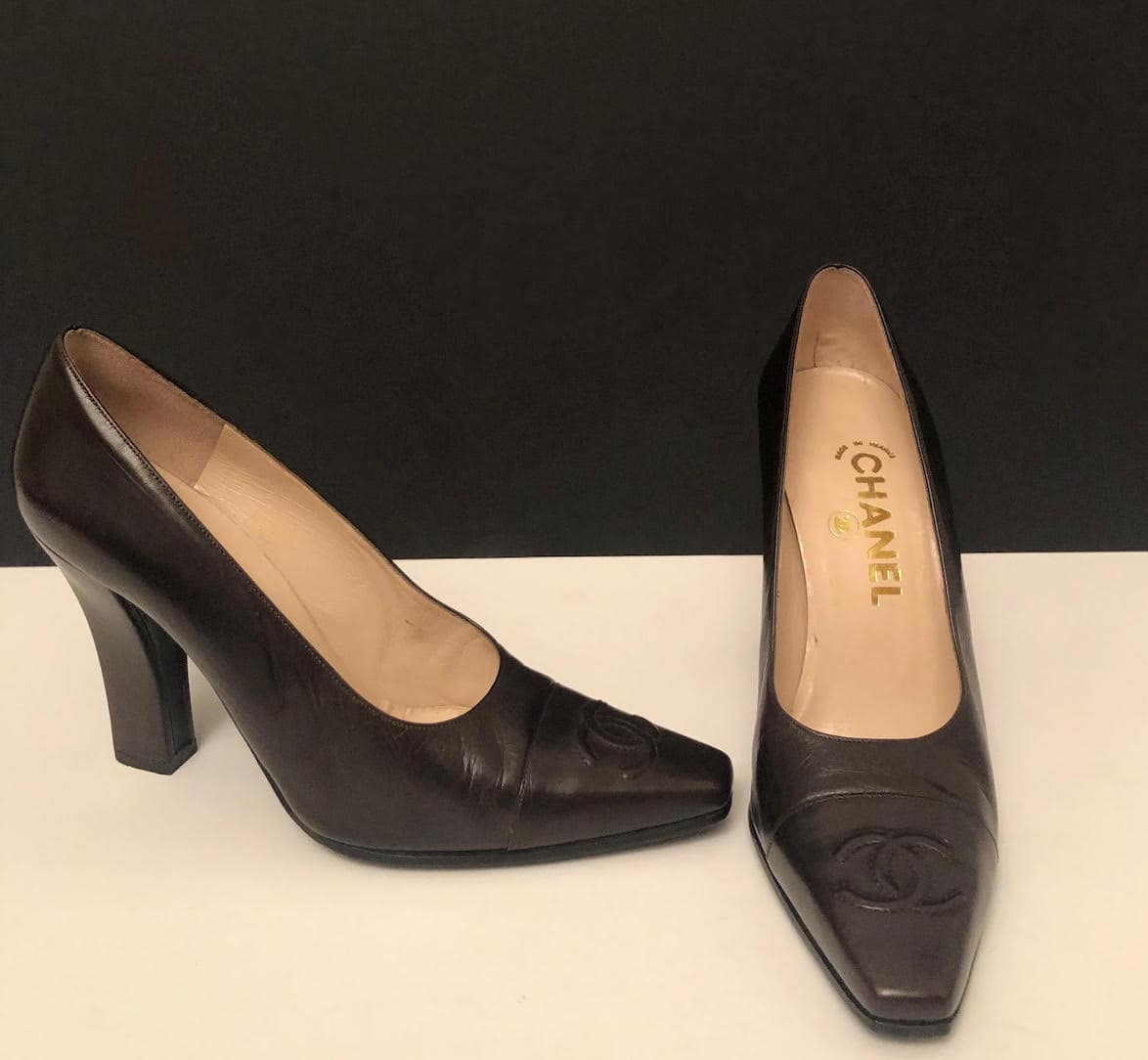 CHANEL CC Logo High Heels Leather Brown Shoes - Chelsea Vintage Couture