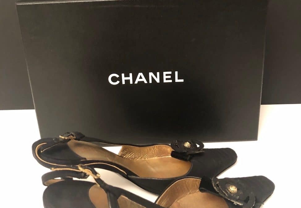 CHANEL Slingback Black Camellia Stiletto Heeled Shoes Size 36 W/Box