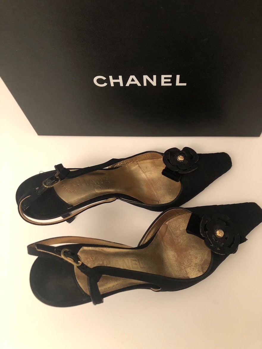CHANEL Slingback Black Camellia Stiletto Heeled Shoes Size 36 W/Box -  Chelsea Vintage Couture