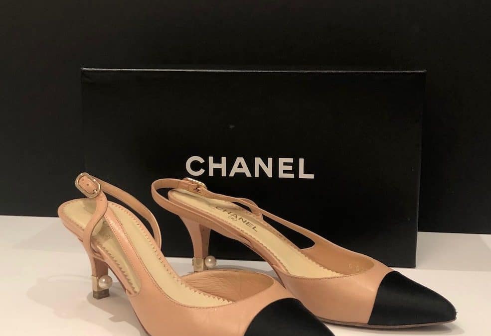 CHANEL Slingback Pearls CC Logo Heels Two Tone Leather Satin Shoes Size 36 W/Box