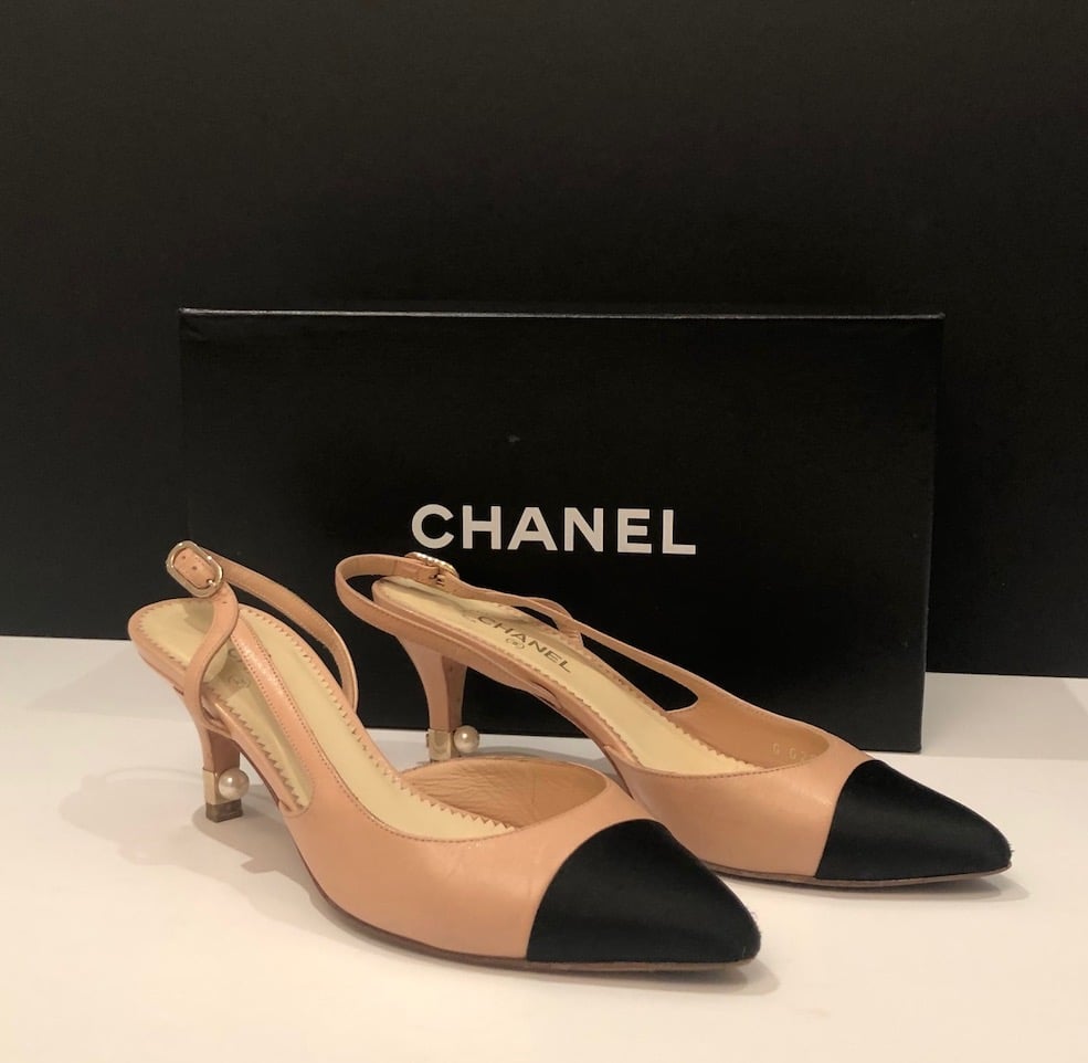 CHANEL Slingback Pearls CC Logo Heels Two Tone Leather Satin Shoes