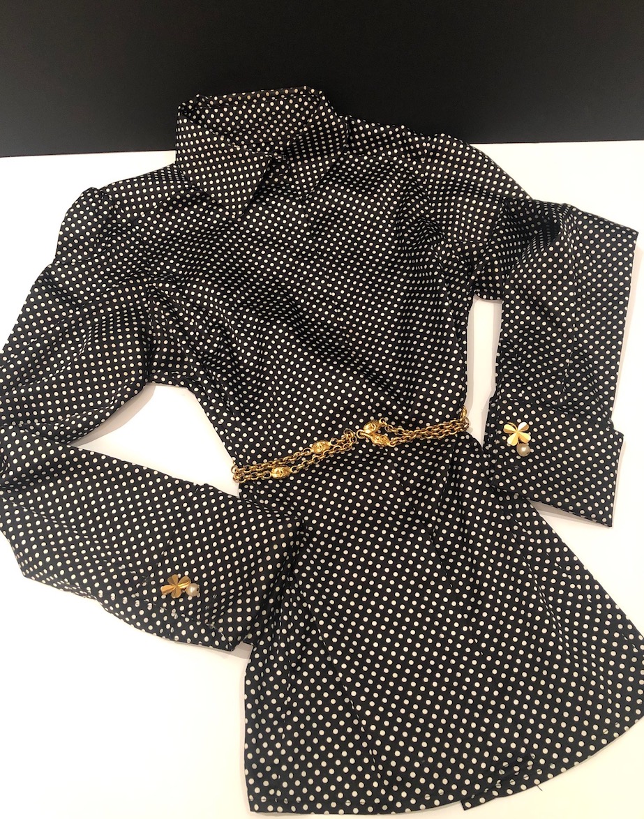 1980s Chanel Black Silk Top w 4 Leaf Clover Gold Buttons