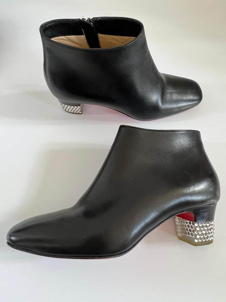CHRISTIAN LOUBOUTIN Leather Ankle Boots Black Crystal W/ Red Soles