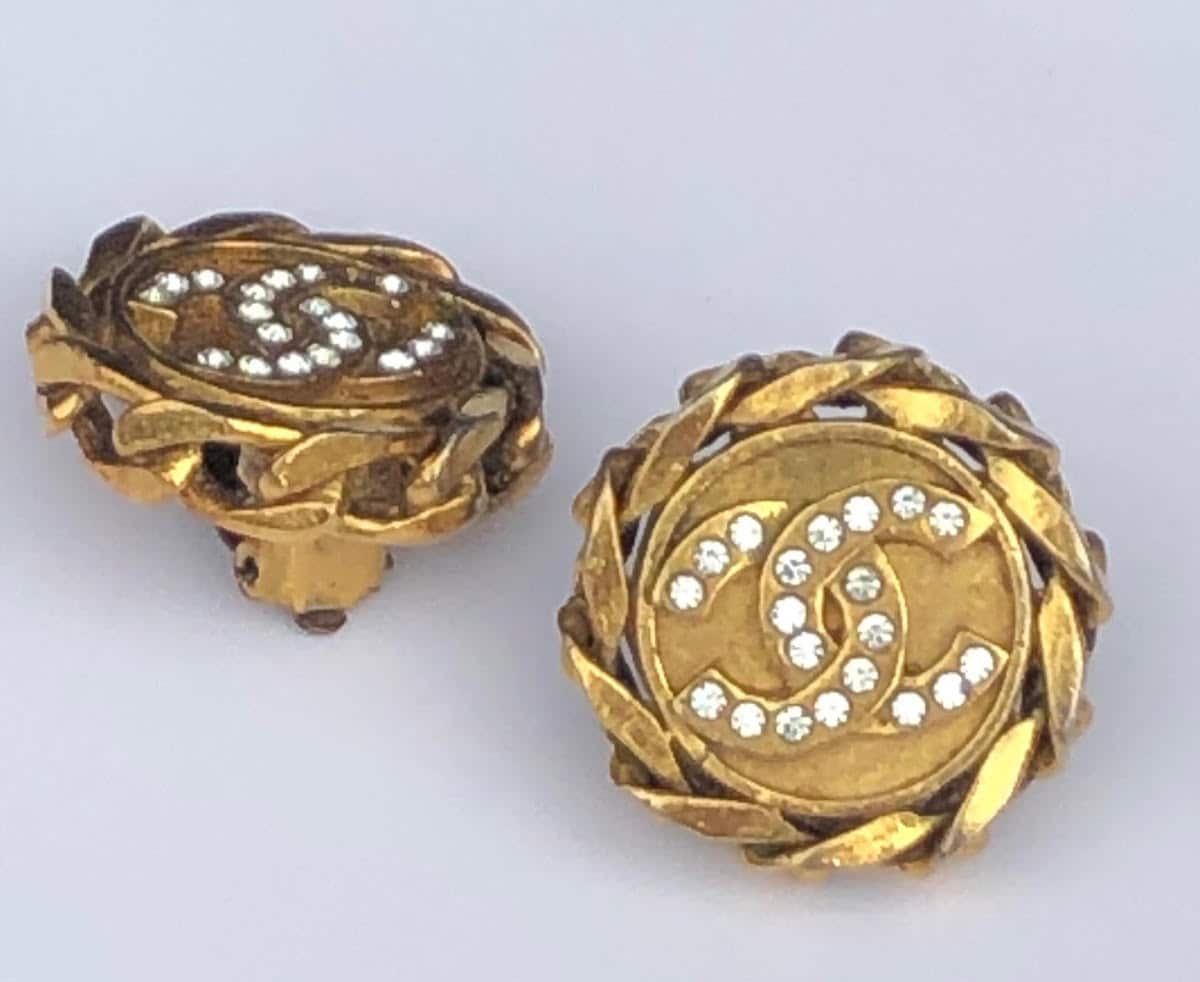 CHANEL 1984 CC Round Clip-On Earrings Gold & Crystals - Chelsea Vintage  Couture