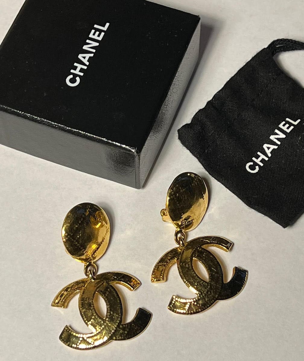 CHANEL CC Logo Gold Metal Earrings Evening Dangle Drop Large Circa