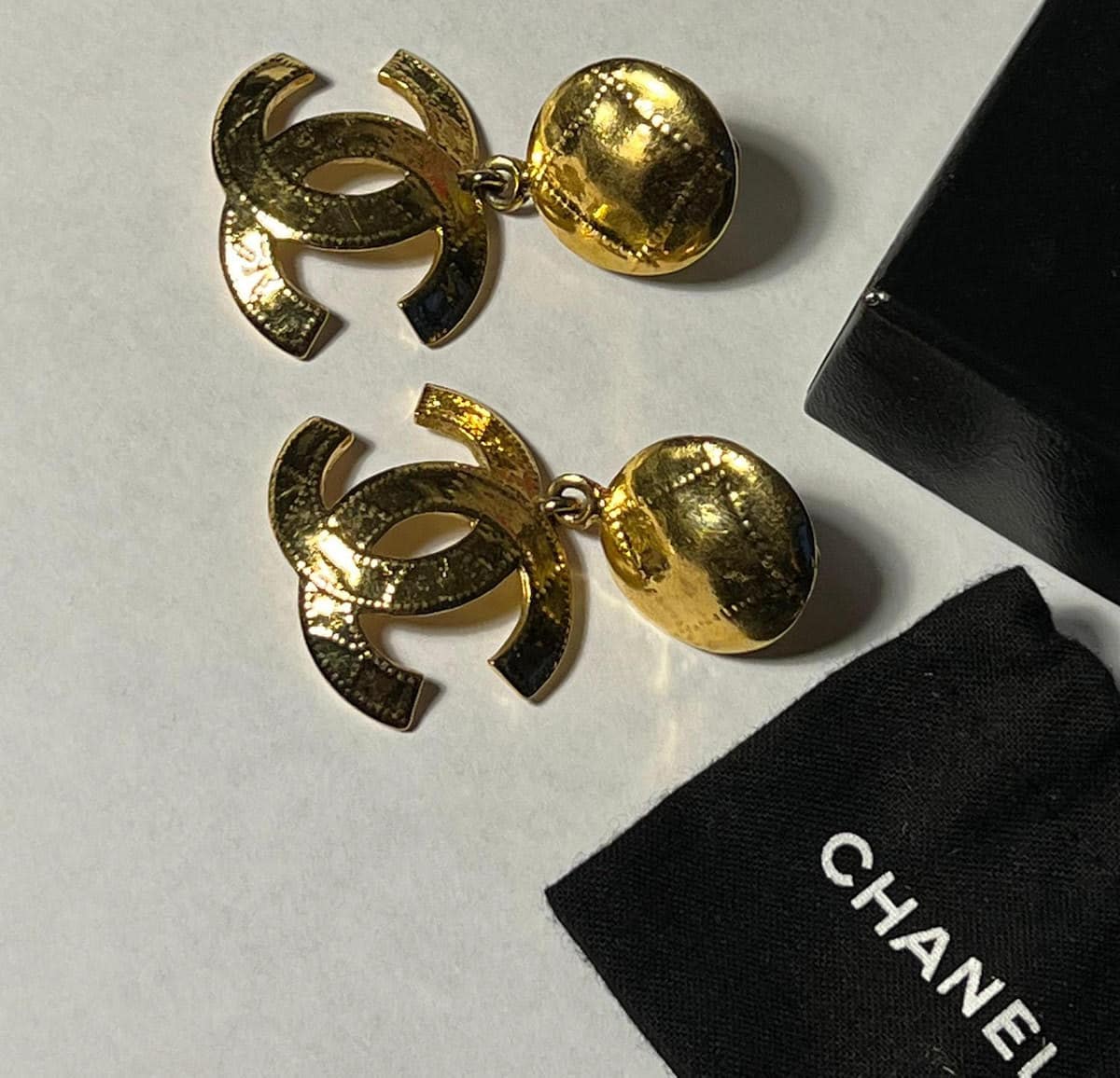 CHANEL CC Logo Gold Metal Earrings Evening Dangle Drop Large Circa 1994 ...