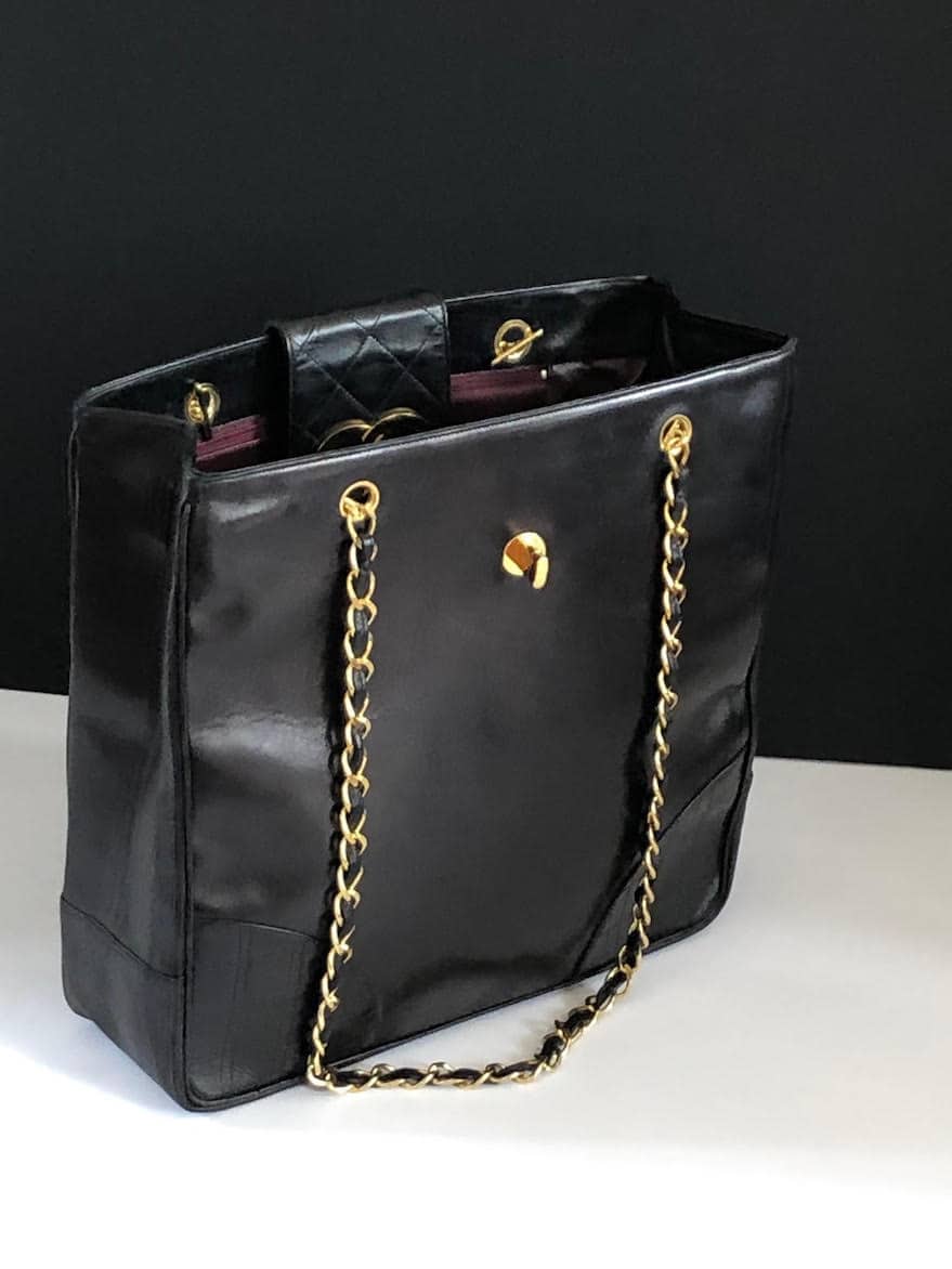 CHANEL CC Logo Grand Shopping Tote Black Shoulder Bag Vintage