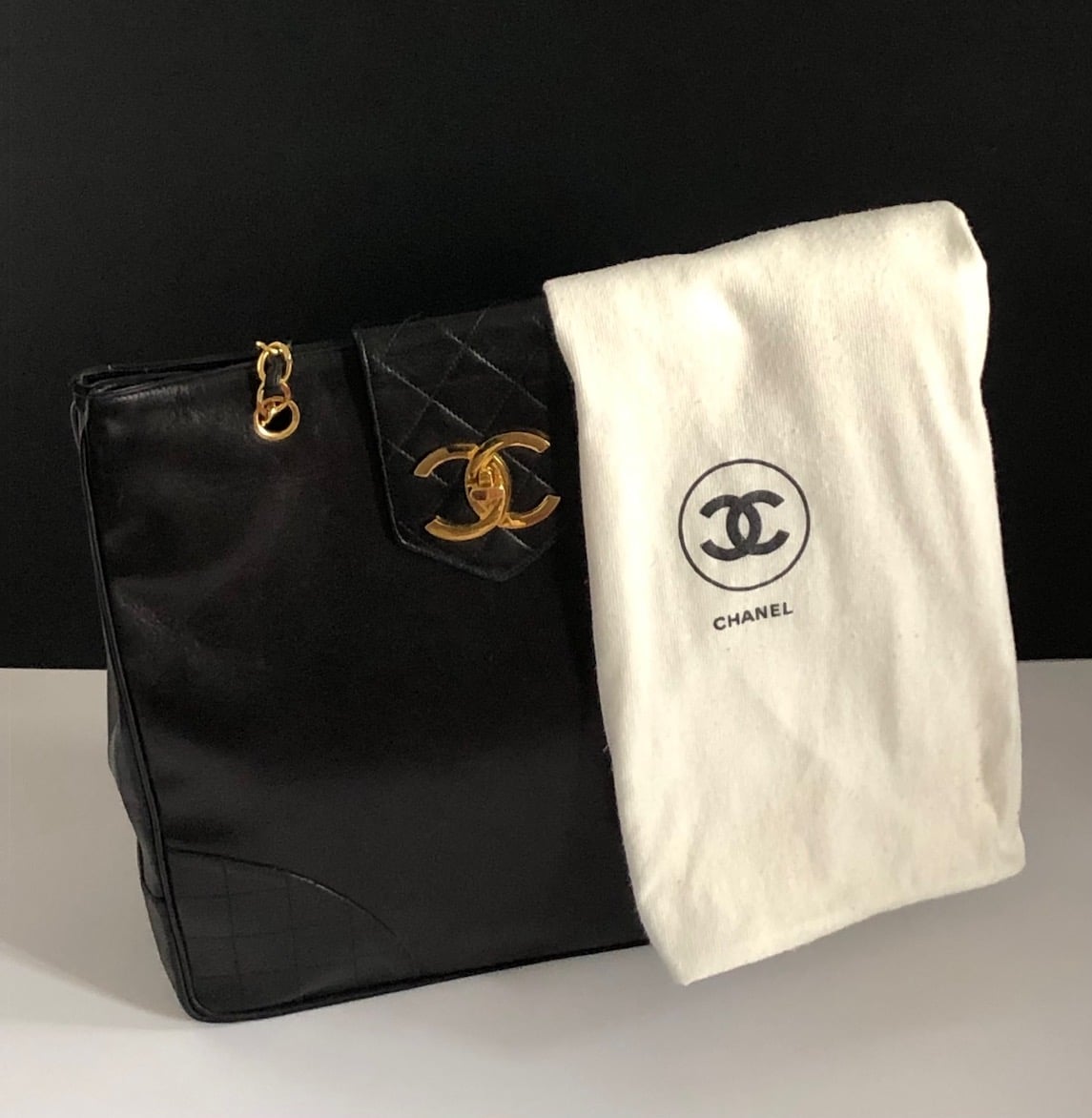 CHANEL CC Logo Grand Shopping Tote Black Shoulder Bag Vintage