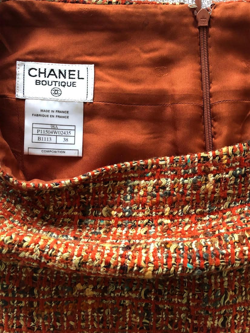 CHANEL 1998 Orange & Beige Wool Tweed Vintage Skirt Suit Bouclé CC