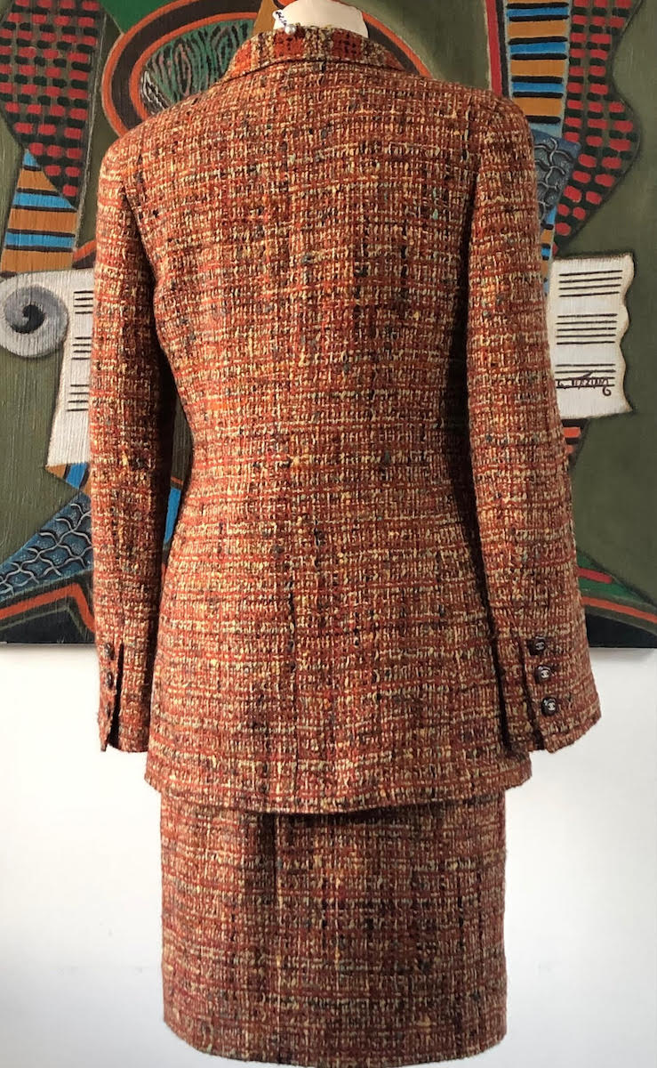 CHANEL 1998 Orange & Beige Wool Tweed Vintage Skirt Suit Bouclé CC Buttons  - Chelsea Vintage Couture