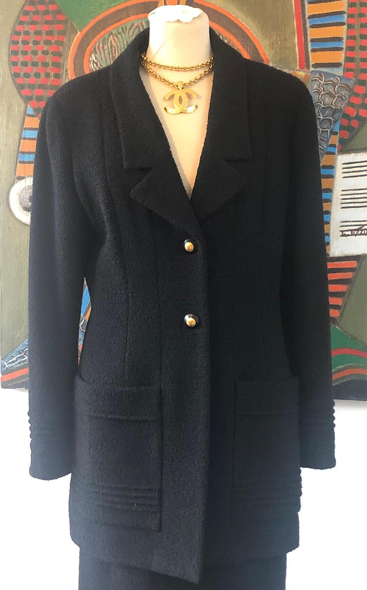 CHANEL 1993 Black Jacket Tweed Bouclé Wool Skirt Suit CC Logo Single  Breasted - Chelsea Vintage Couture