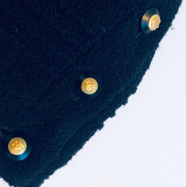 chanel 1993 black jacket tweed bouclé wool skirt suit cc logo single breasted