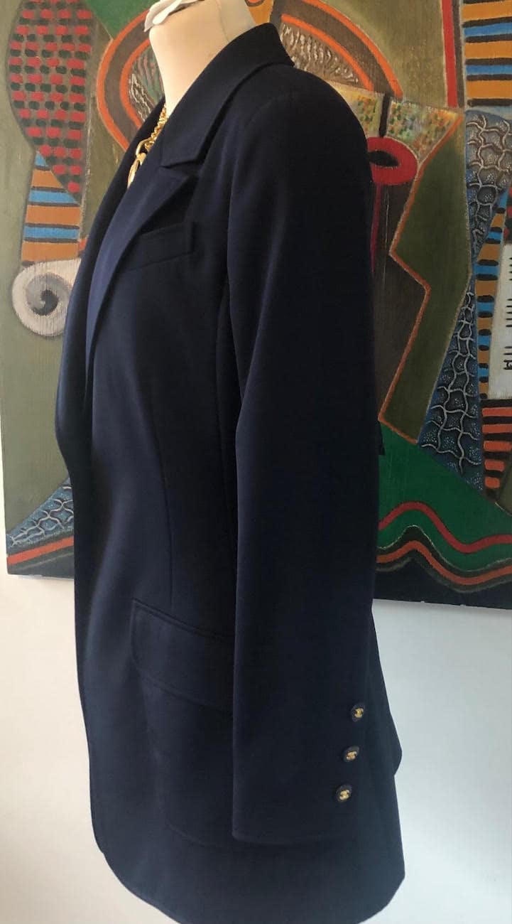 Chanel Vintage Tailored Wool Jacket Blazer Coco Navy Blue