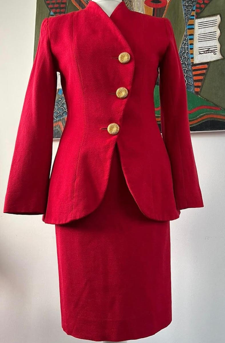 YVES SAINT-LAURENT Vintage Red 2 Pieces Asymmetric Jacket Skirt 