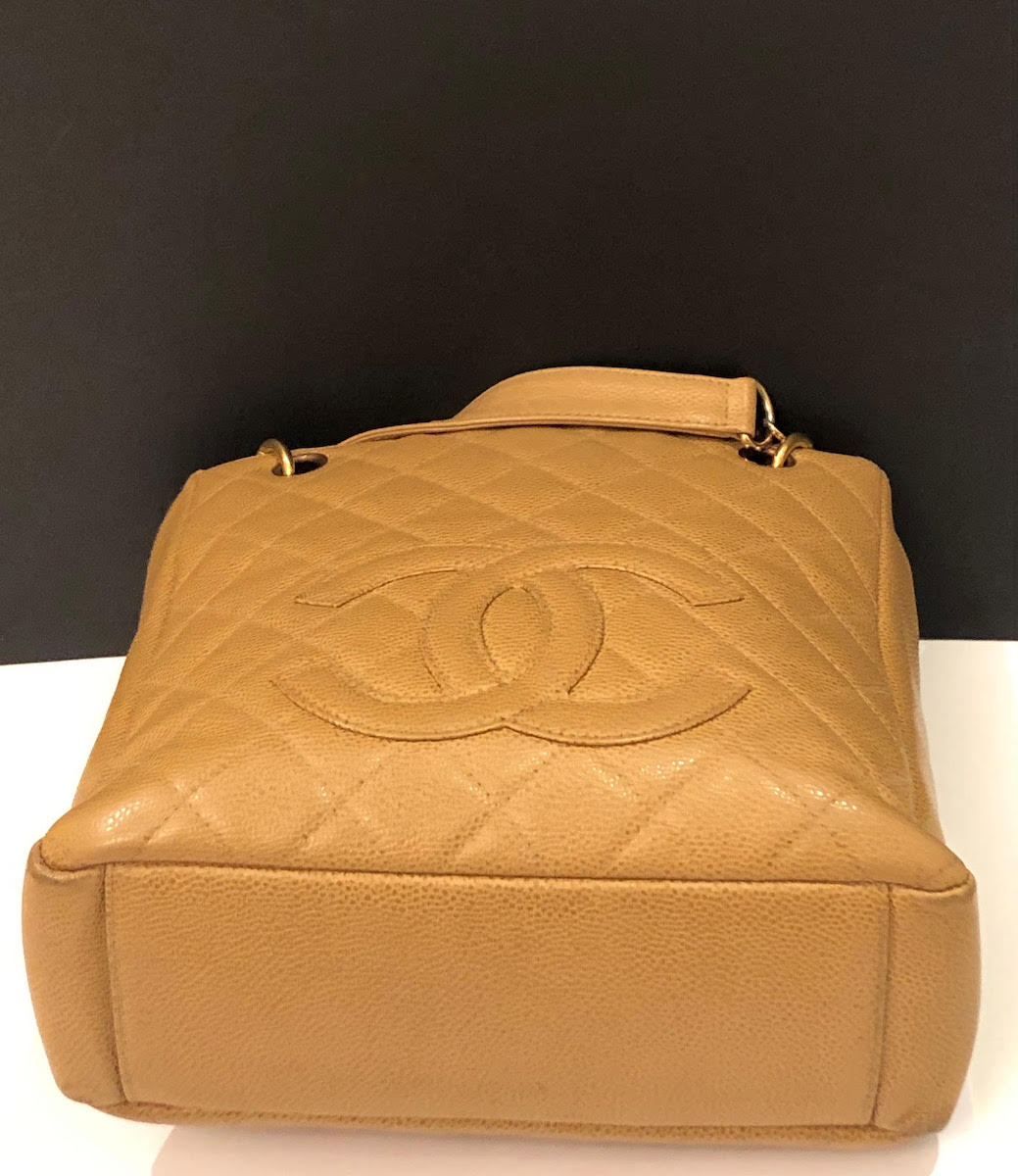 CHANEL Small Petit Shopping Tote Bag Gold Tone Caviar Leather in Camel Beige  Circa 2003 - Chelsea Vintage Couture