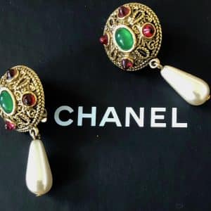 CHANEL Earrings 1995 Vintage Black Gripoix Gold Toned CC Flower Clip On  W/Box - Chelsea Vintage Couture