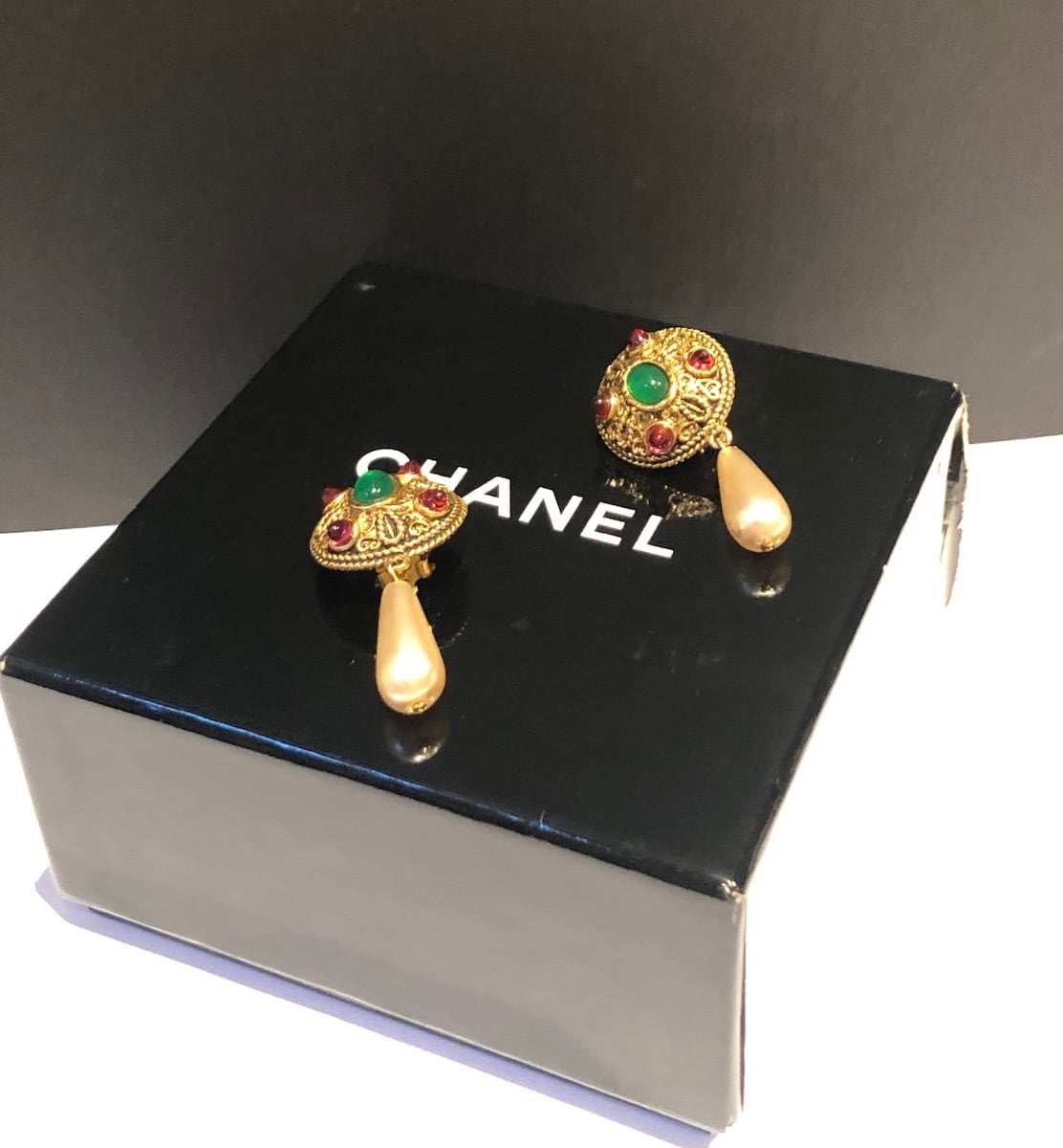 CHANEL Vintage Gold Metal Green and Pink Gripoix Pearl Drop Earrings 1980s  - Chelsea Vintage Couture