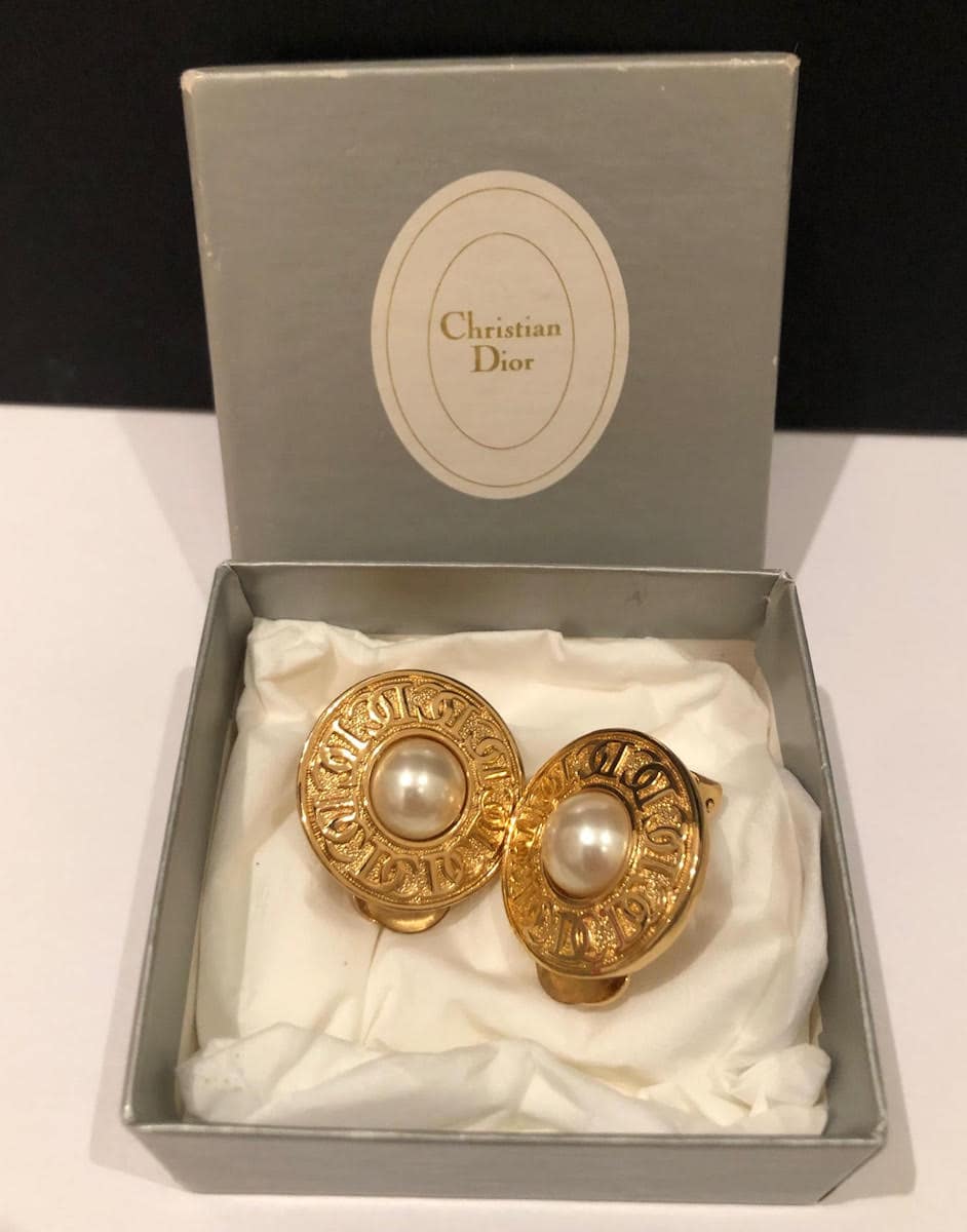 CHRISTIAN DIOR 1980s Vintage Gold Tone Faux Pearl CD Logo Round Earrings - Chelsea  Vintage Couture