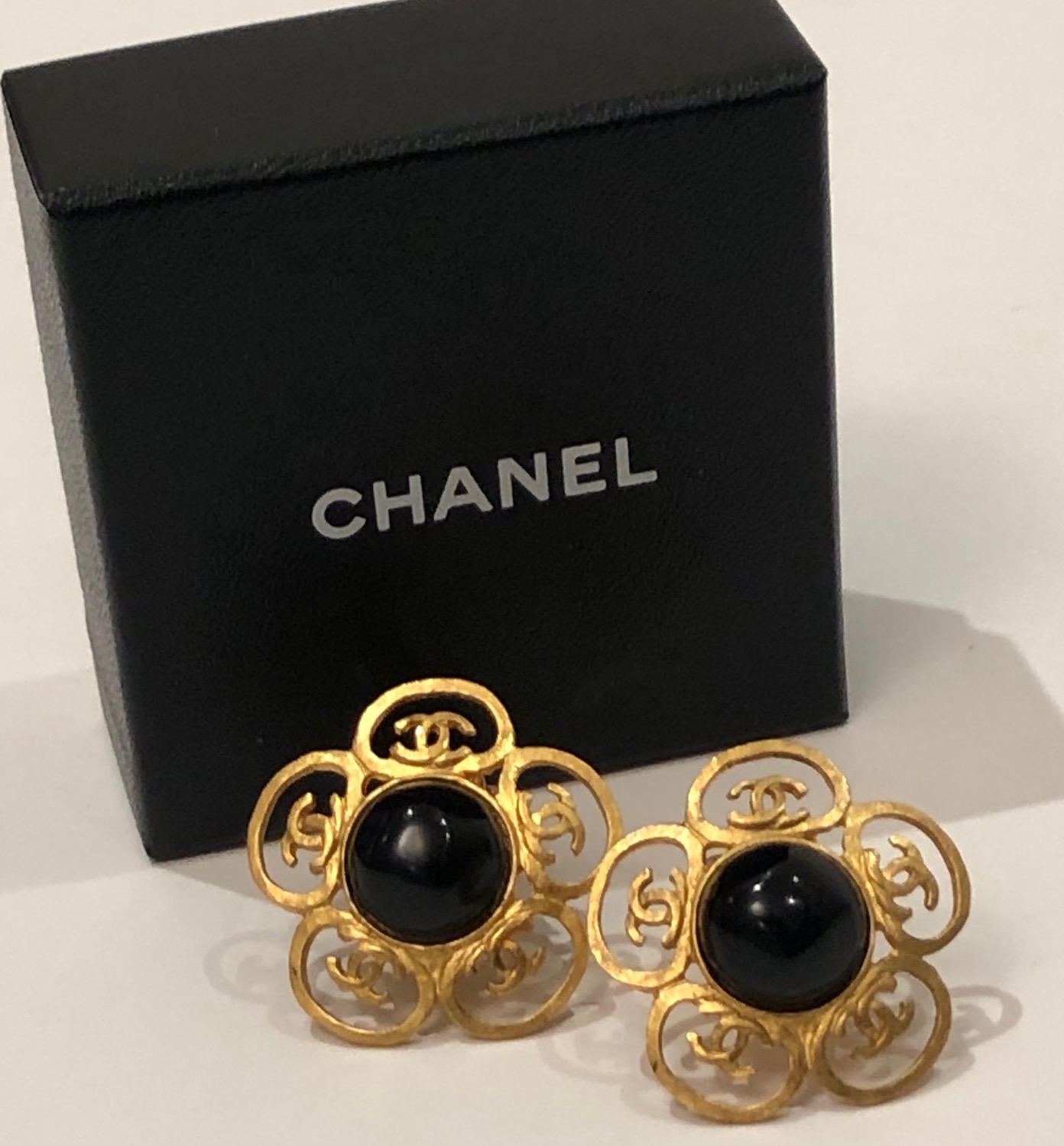 CHANEL Earrings 1995 Vintage Black Gripoix Gold Toned CC Flower Clip On  W/Box - Chelsea Vintage Couture