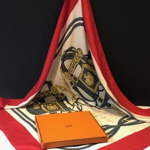 hermÈs vintage silk scarf brides de gala red grey gold by hugo grygkar w/box
