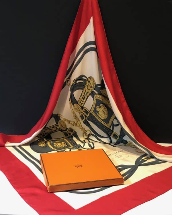 hermÈs vintage silk scarf brides de gala red grey gold by hugo grygkar w/box