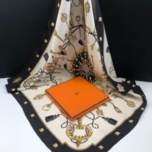 hermÈs vintage silk scarf les clefs by cathy latham black gold w/box