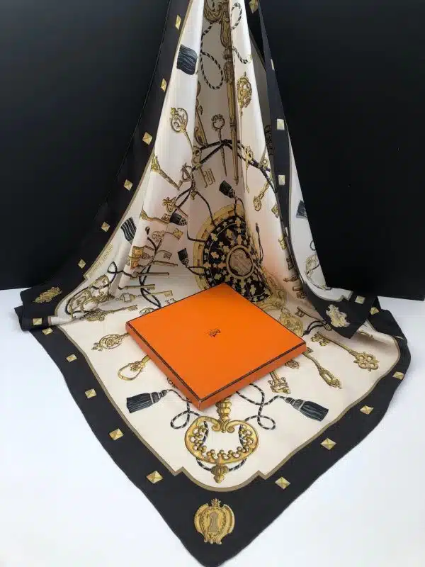 HERMÈS Vintage Silk Scarf Les Clefs By Caty Latham Black Gold W/Box