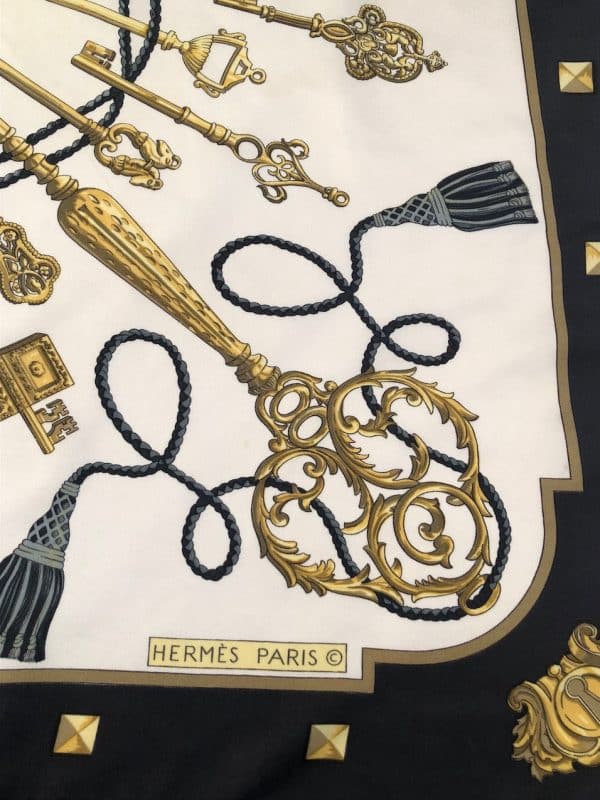 hermÈs vintage silk scarf les clefs by cathy latham black gold w/box