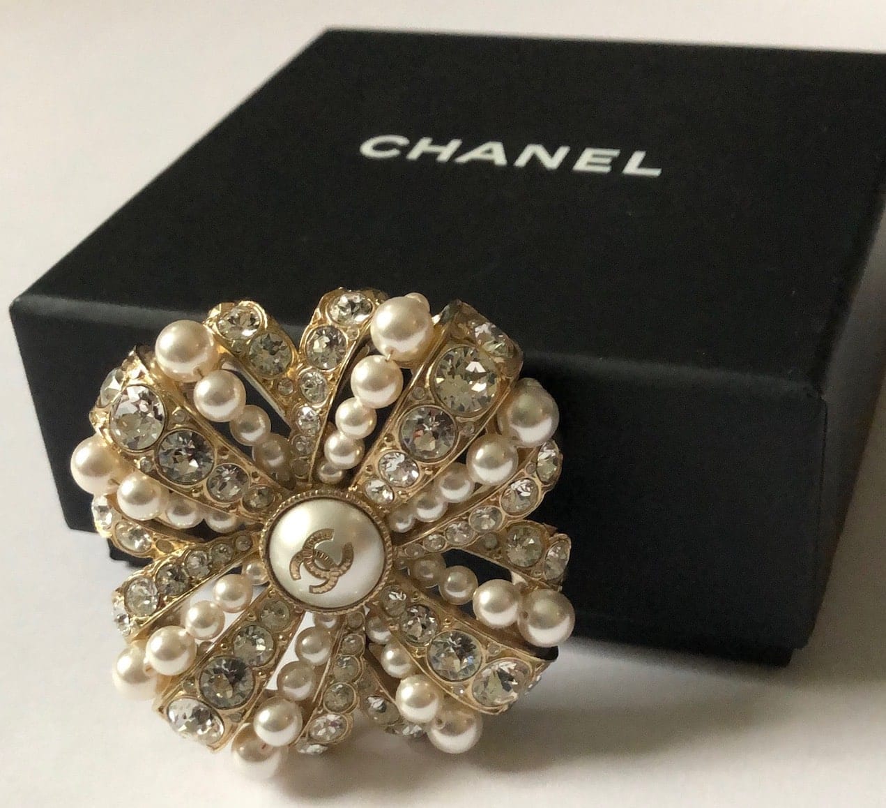CHANEL Faux Pearl Iconic Logo Brooch 