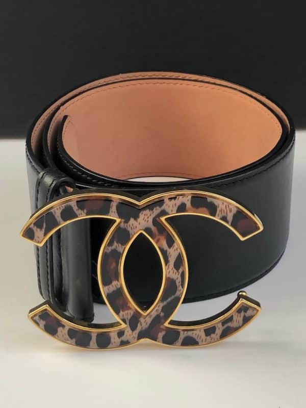 chanel pre owned cc logos large buckle black leather belt 80