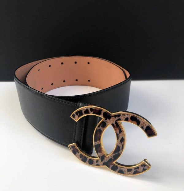 chanel pre owned cc logos large buckle black leather belt 80