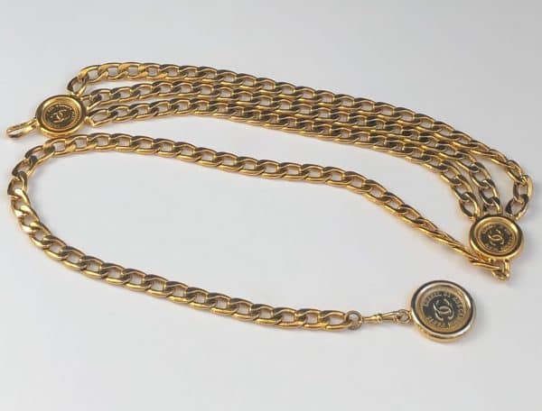 chanel vintage belt triple strand chain link medallion coin rue cambon belt c.1990s w/box