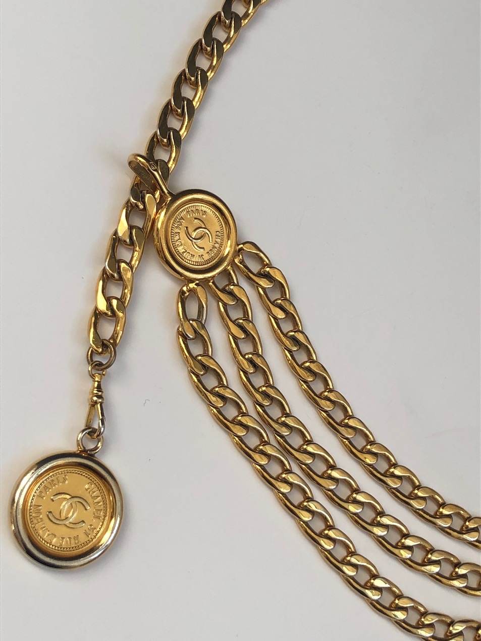 CHANEL Vintage Belt Triple Strand Chain Link Medallion Coin Rue Cambon Belt  C.1990s W/Box